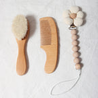 Baby Comb Brush Set Newborn Gift Set Natural Wool Beech Wooden Comb Baby Bib Pacifier Clip Kids Baby Hair Brush